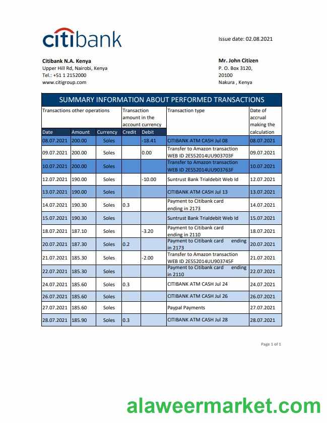 Kenya Citibank bank statement easy to fill template in .xls and .pdf file format
